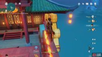 use the fence above the boatman to climb up and then jump to the roof in fron to reach her.