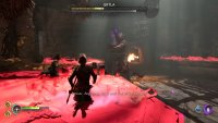 You will need to jump off the table when it glows red, and jump back up when the ground floor glows red.
