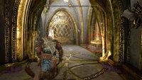 The second chest requires you to hop across the chasm using the grapple points. You’ll need to pull the hanging Twilight panel to the right, and quickly throw your axe at it to break the light crystal to open the gate.