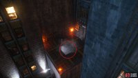You can find the hole on the lower roofs of the building where the fast travel is.