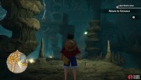 Climb up the stone archway at the start using the grapple using the green stalagmites on the cave ceiling.