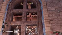 Look for the open window above the chest and toss a knife at the chandelier to clear the rubble.