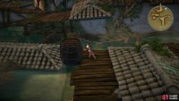 Push the barrel into the water and jump across