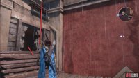 Drop onto the platform below, shoot the barrel, and go through the hole.