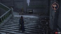 Climb the stairs to the right to find the chest.