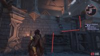 Knock down the planks of wood with the Griffon. Climb up the scaffolding followed by a ladder.